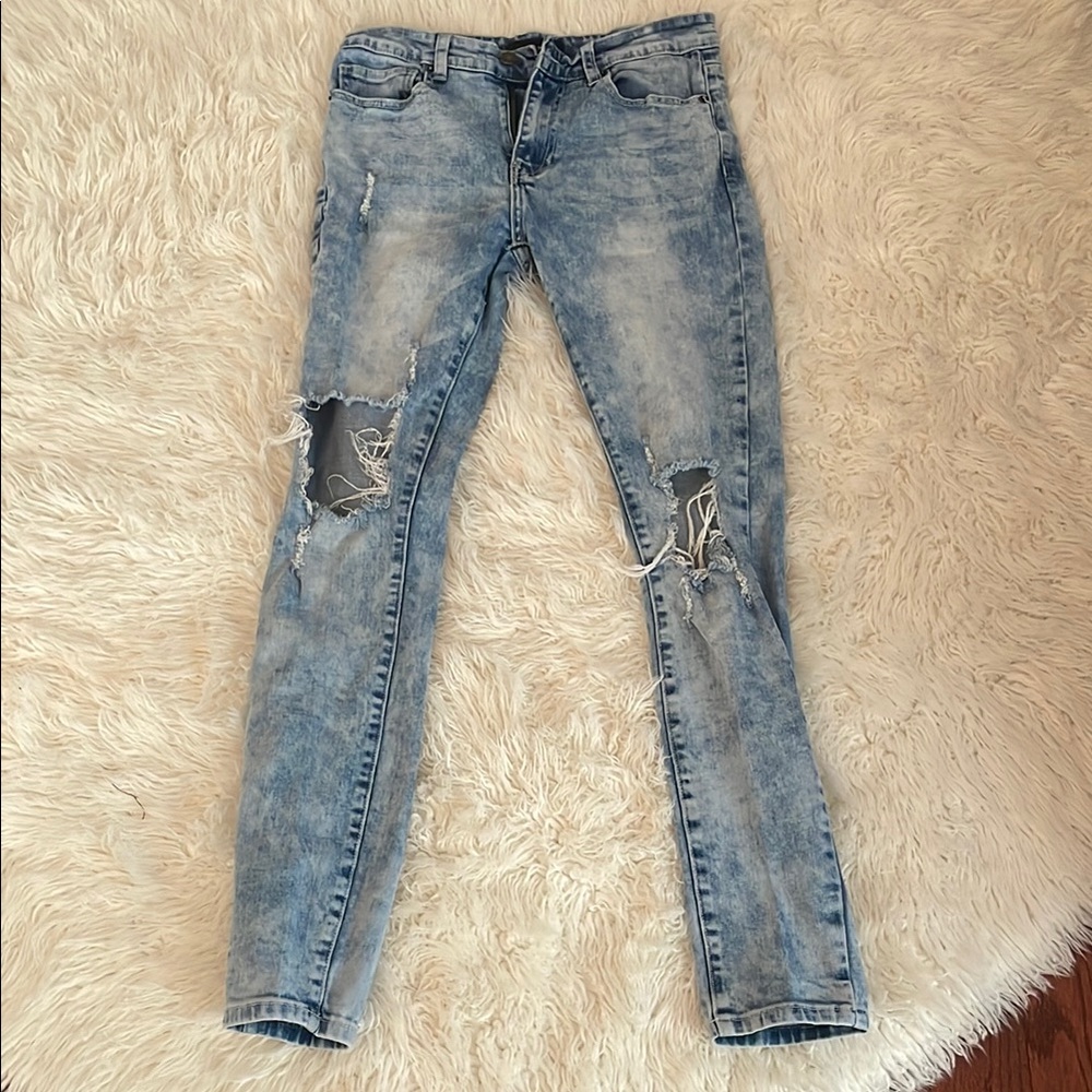 Blue Slim Fit Distressed Jeans with Ankle Zippers